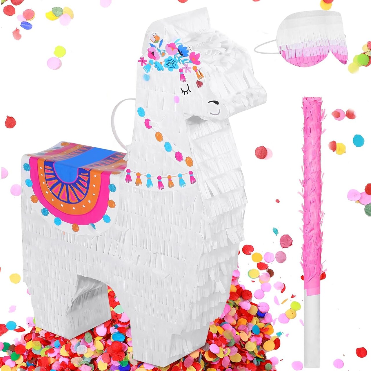 Llama Piñata Fiesta for Mexican Fiesta Party Supplies, Large Llama Piñata Includes Piñata Stick and Blindfold, Confetti for Kids Birthday Celebrations, Mexican Themed Party, 16 x 12 x 3 Inch